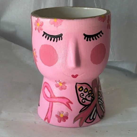 Unique Hand Painted Breast Cancer Awareness Design Face Ceramic Planter Vase - Picture 1 of 4